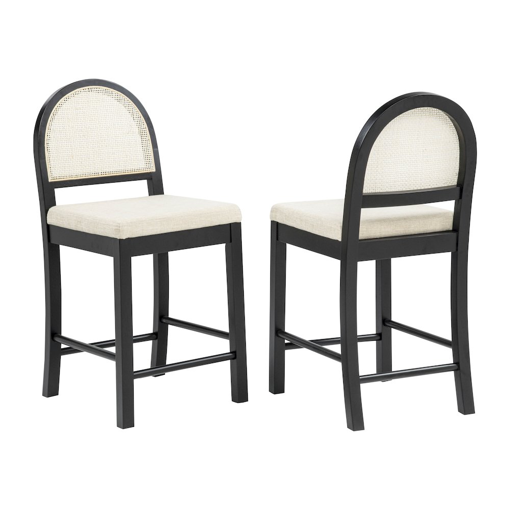 Counter Height Bar Chairs French Country Rattan Cane Back Beige Fabric Seat