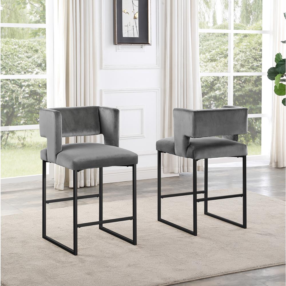 Lynx Gray Velvet Bar Stools in Matte Black (Set of 2)