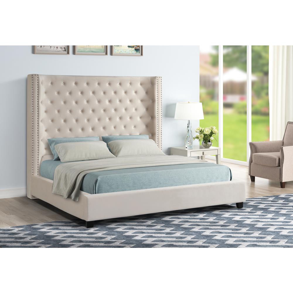 Yvonne Velvet Upholstered King Platform Bed in Beige