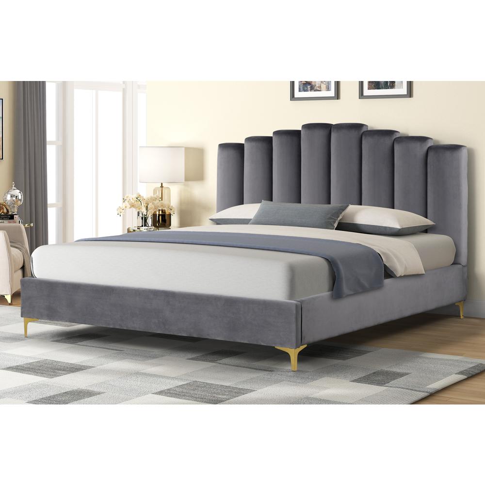 Sicily Velvet Fabric King Platform Bed in Gray