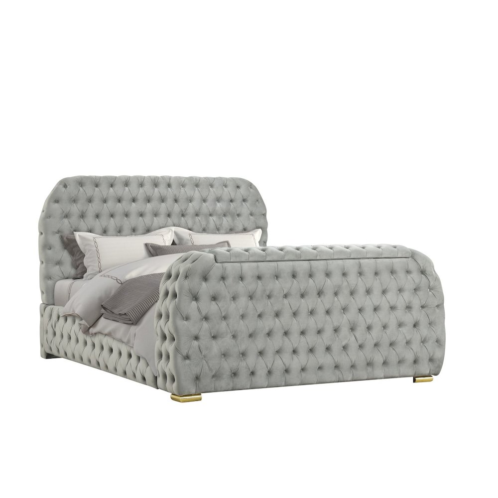 Upholstered Velvet Bed Frame with TV Stand & Fireplace