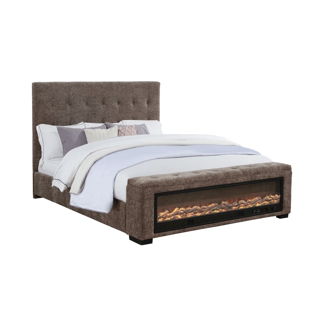 Upholstered Bed Frame with LED Fireplace Footboard