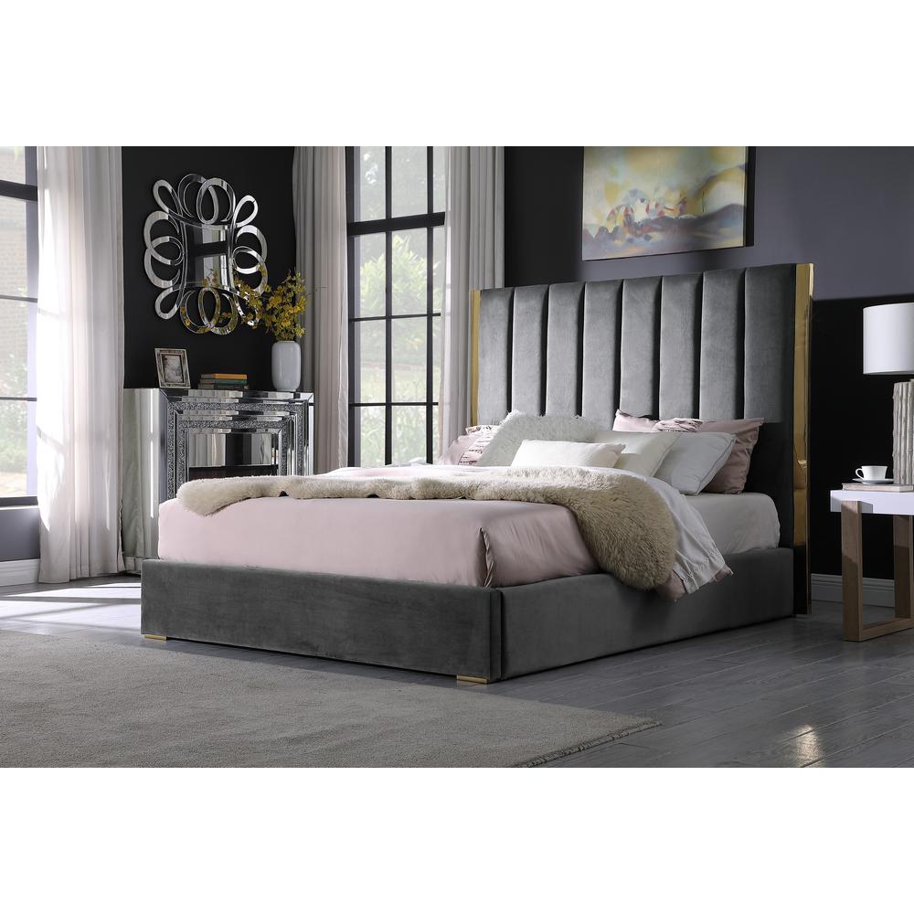 Jalen Dark Gray Velvet Queen Platform Bed with Gold Accents