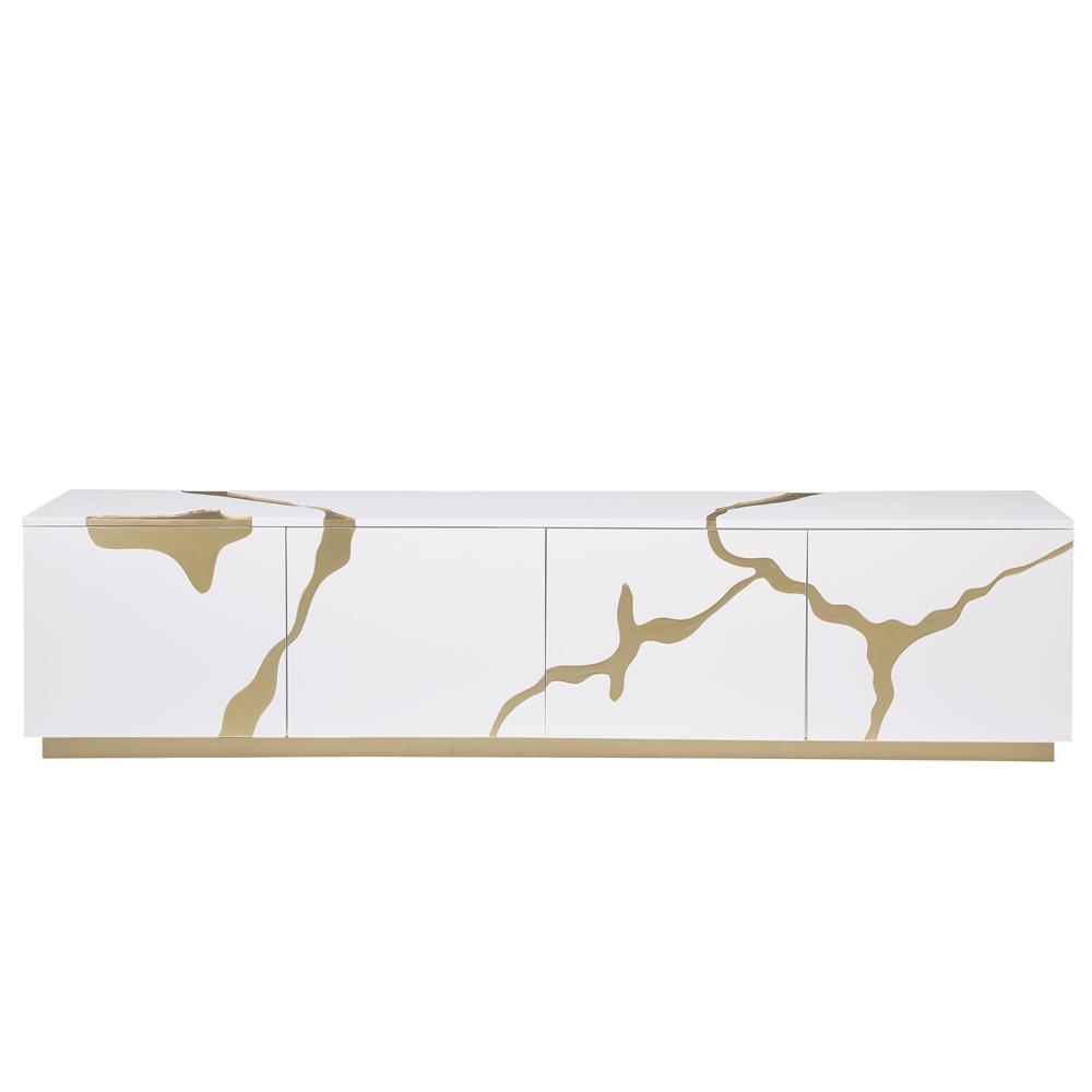 Ronnie White Lacquer T.V Stand with Gold Accents