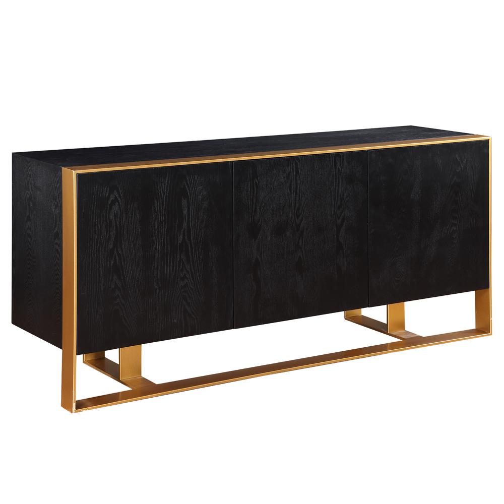 Thethis 68″ Black Lacquered Wood Sideboard with Gold Accents