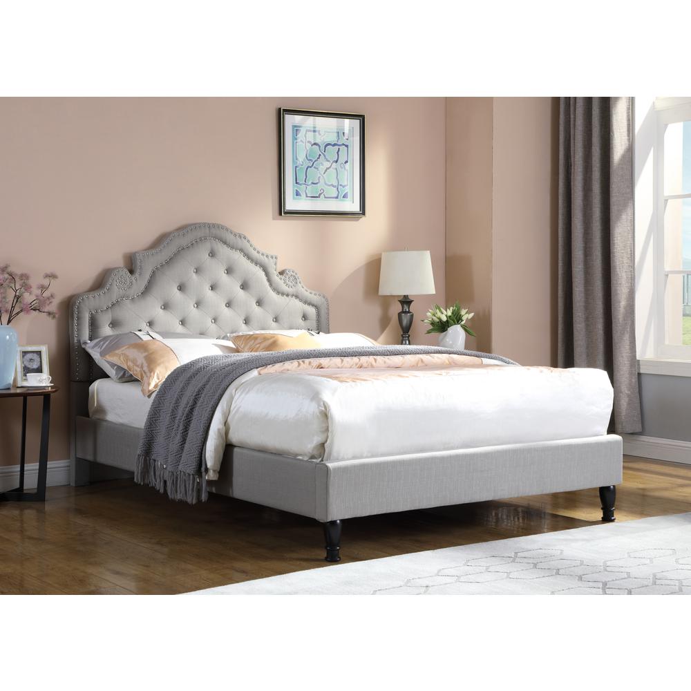 Best Master Furniture Theresa Linen Fabric King Bed with Nailhead Trim in Gray