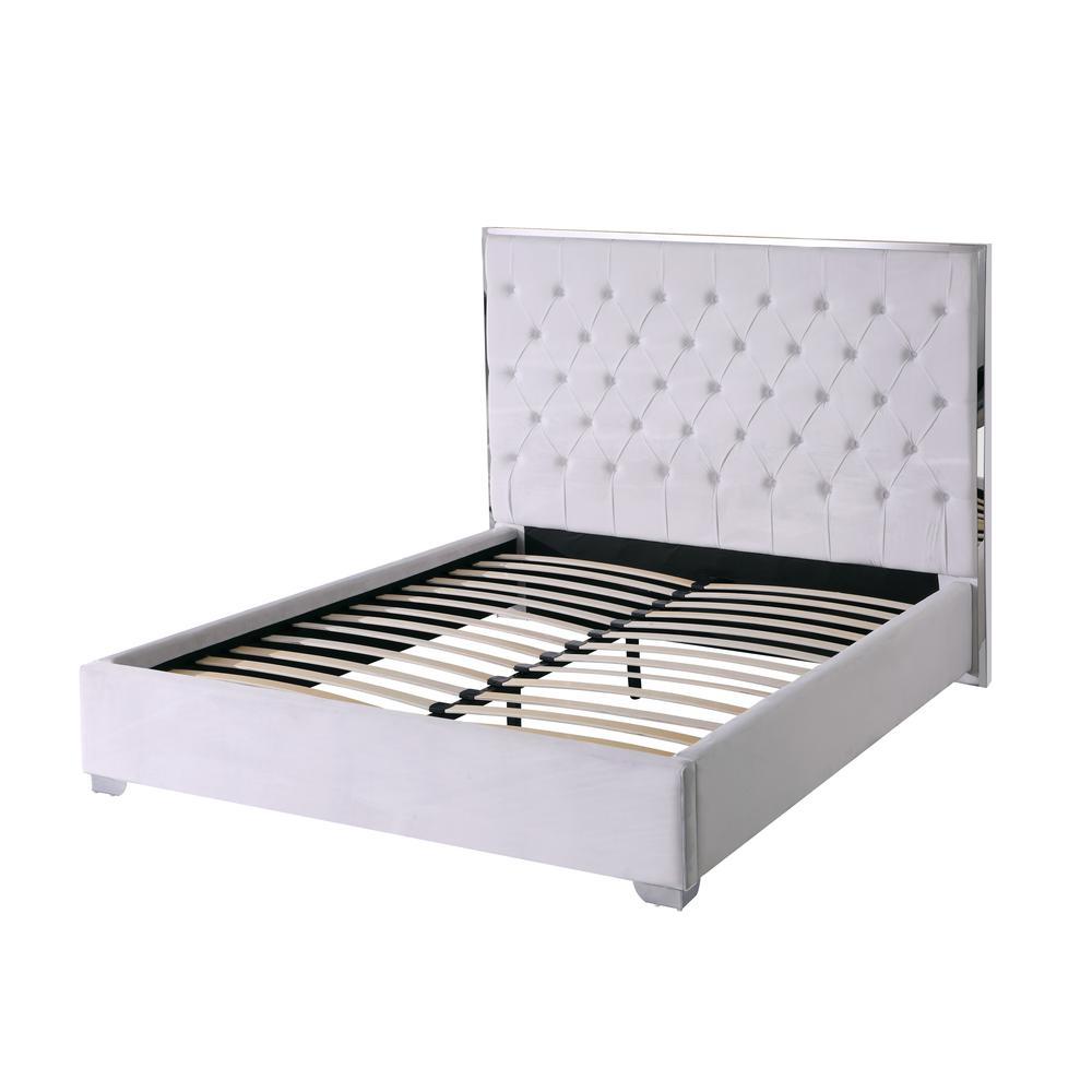 Kressa Velvet Fabric Tufted King Platform Bed in Cream