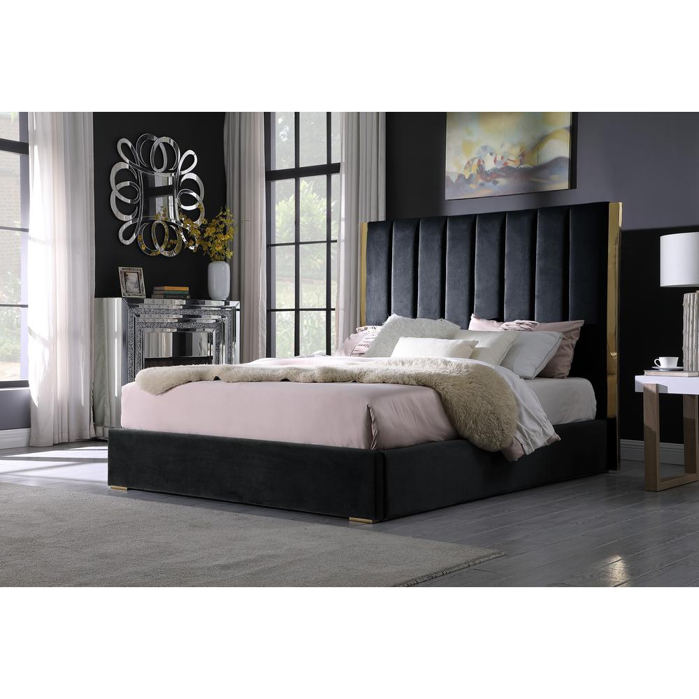 Jalen Black Velvet California King Platform Bed with Gold Accents