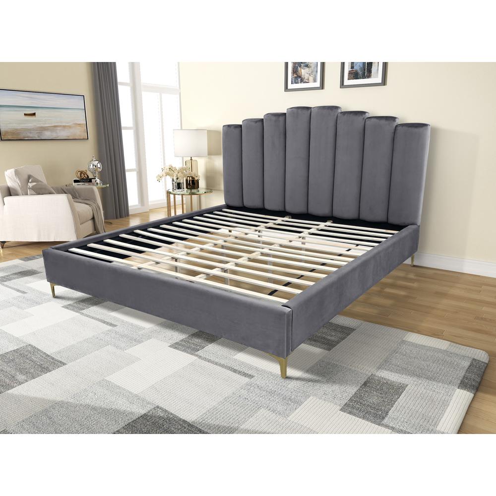 Sicily Velvet Fabric King Platform Bed in Gray