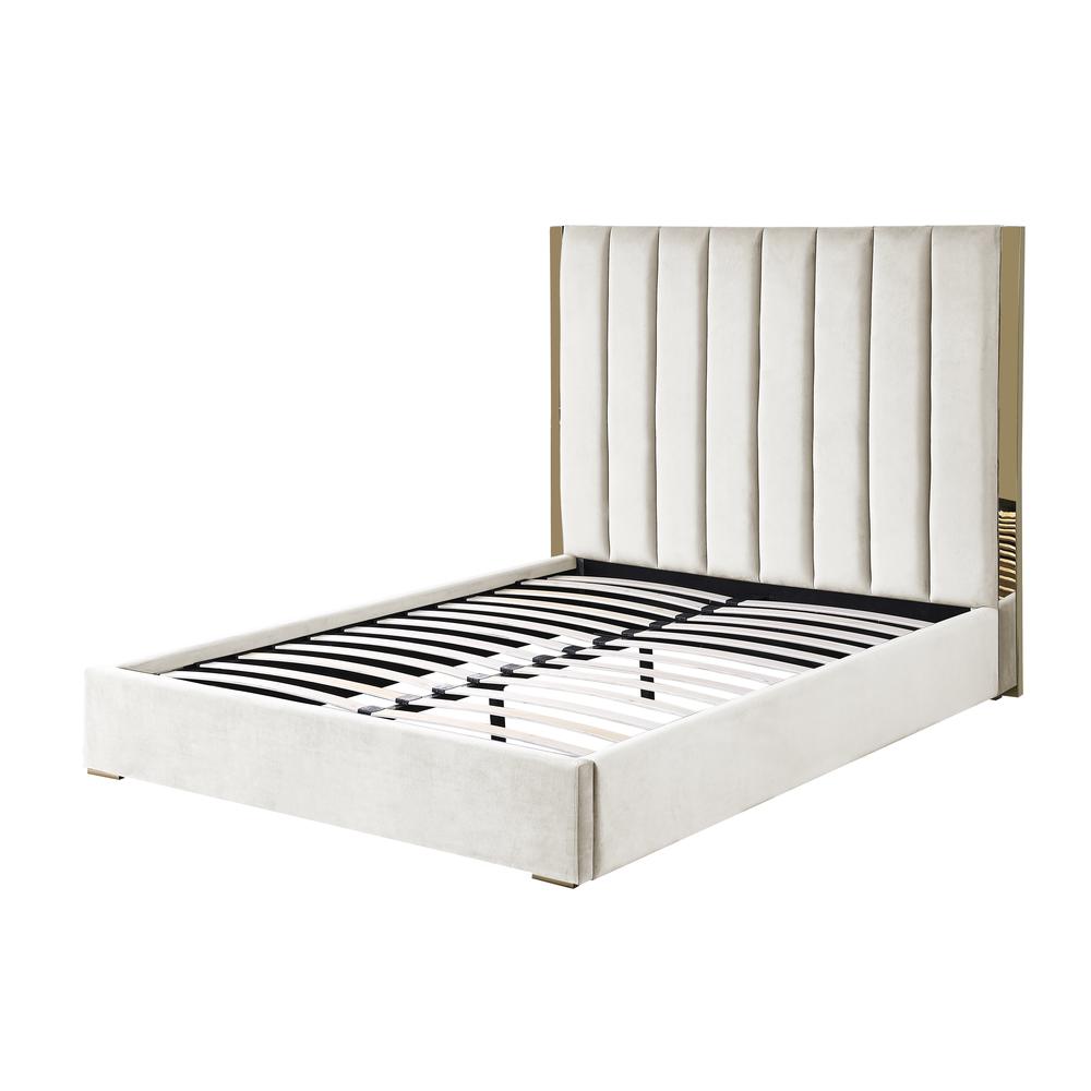 Jalen Beige Velvet Queen Platform Bed with Gold Accents