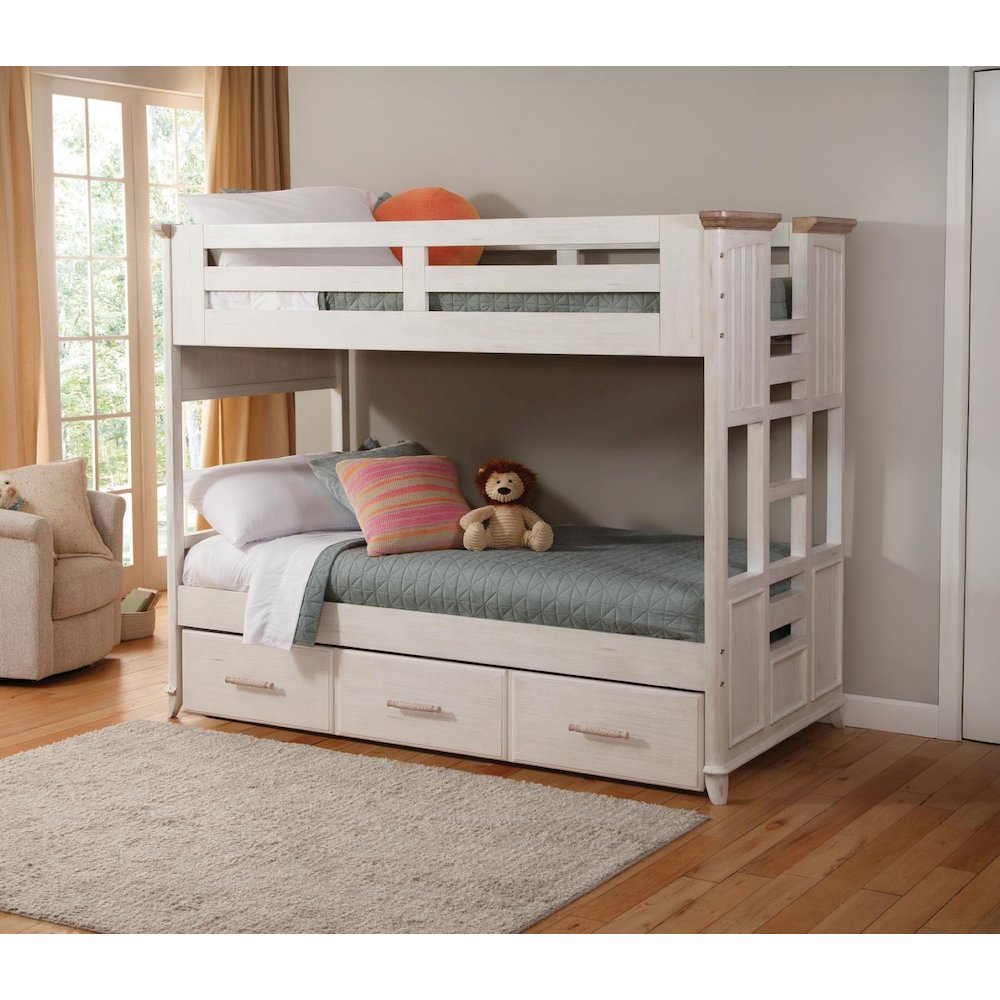 Beach Comber Twin Bunkbed With Trundle Unit –  Weathered White – Sand Top