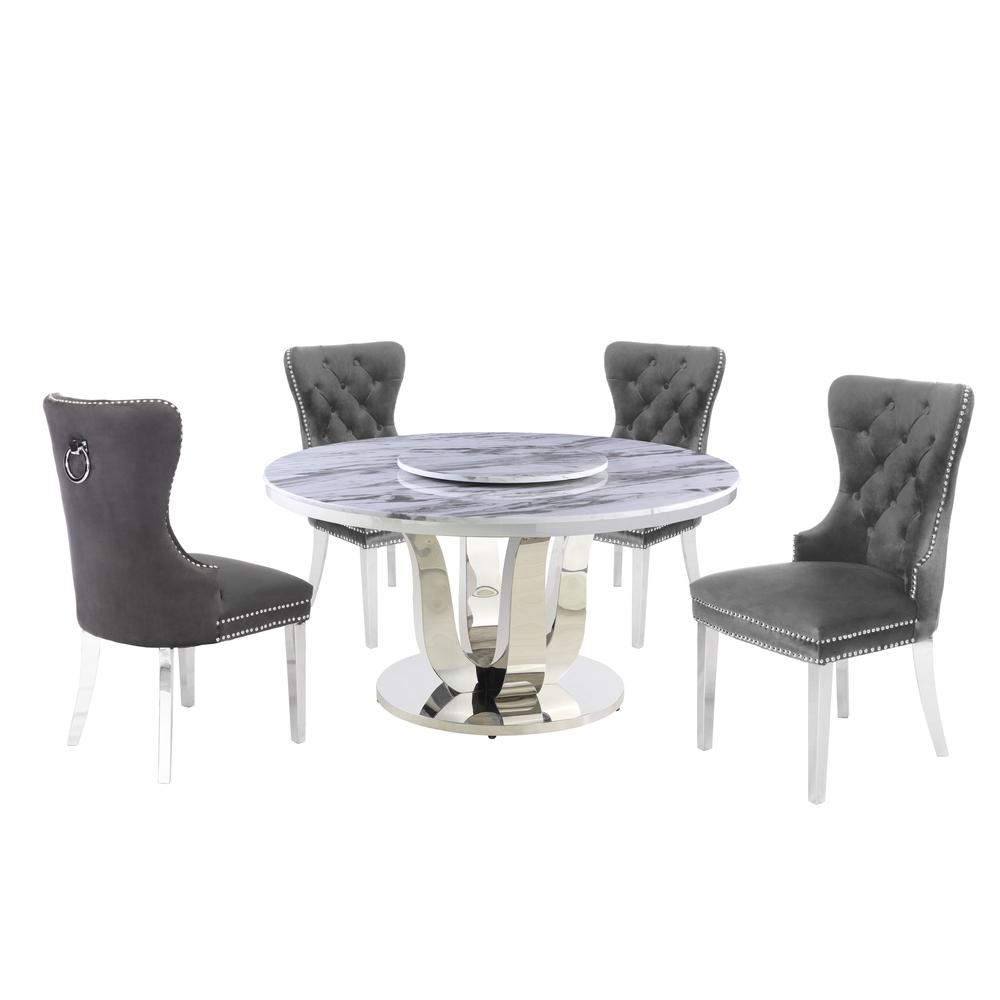 White Marble Round 5 piece Dining Set Ring Chairs in Dark Gray Velvet – Lazy Susan