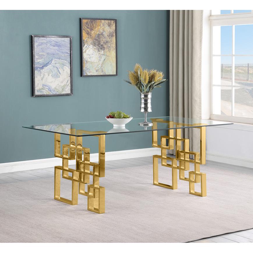 7-piece glam dining set with 6 black chairs and a 79″ long glass  table
