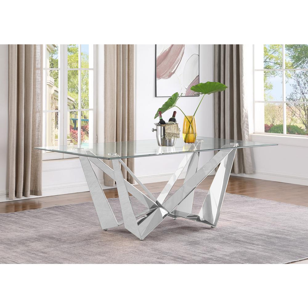 5pc Small(78″) glass dining set with silver base and 4 Cream side chairs