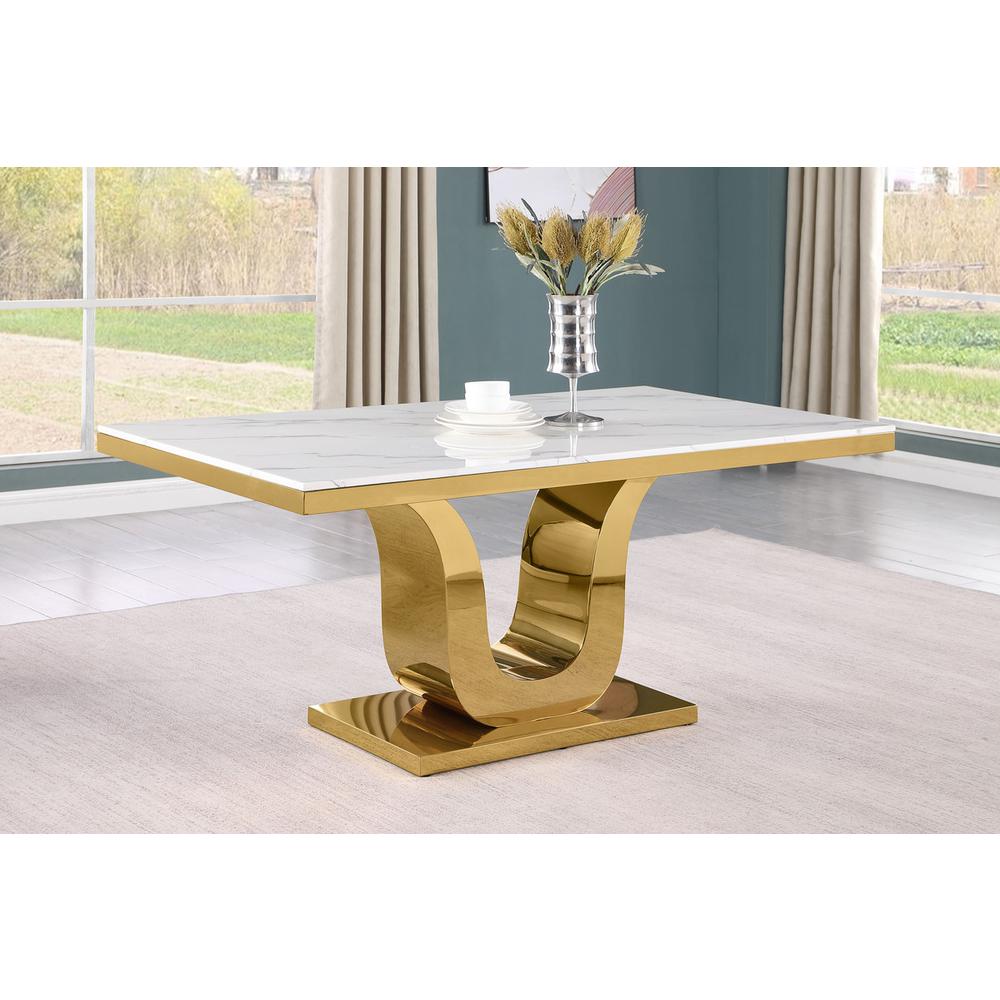 7pc Small(66″) marble stop dining set with gold base and 6 Cream side chairs