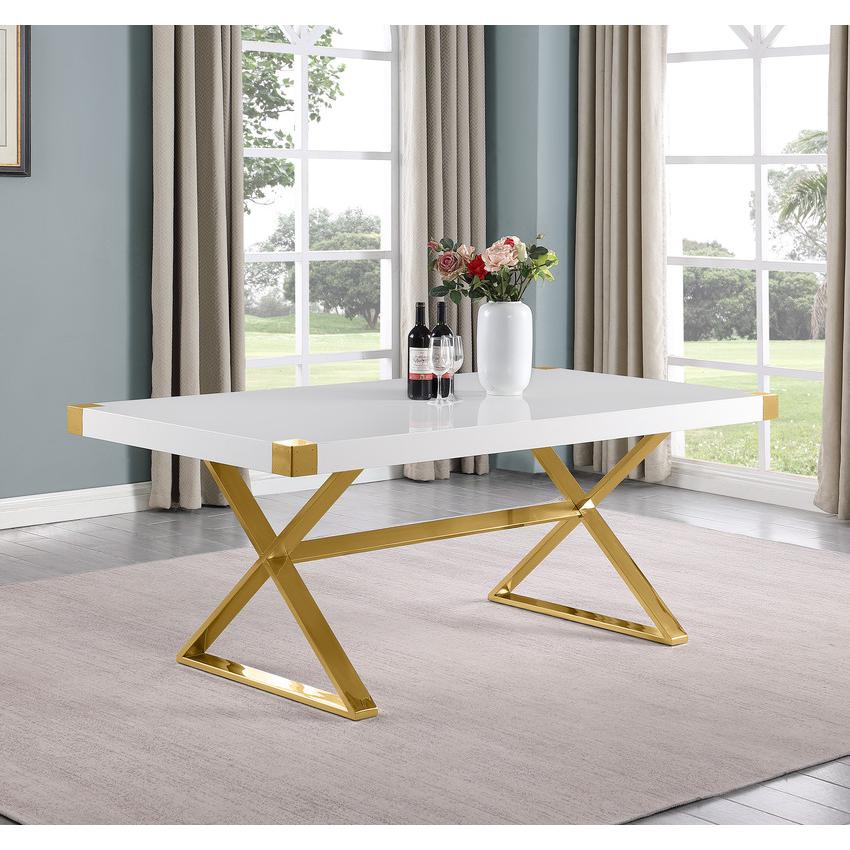7pc Small(78″) white wood top dining set with gold base and 6 Cream side chairs