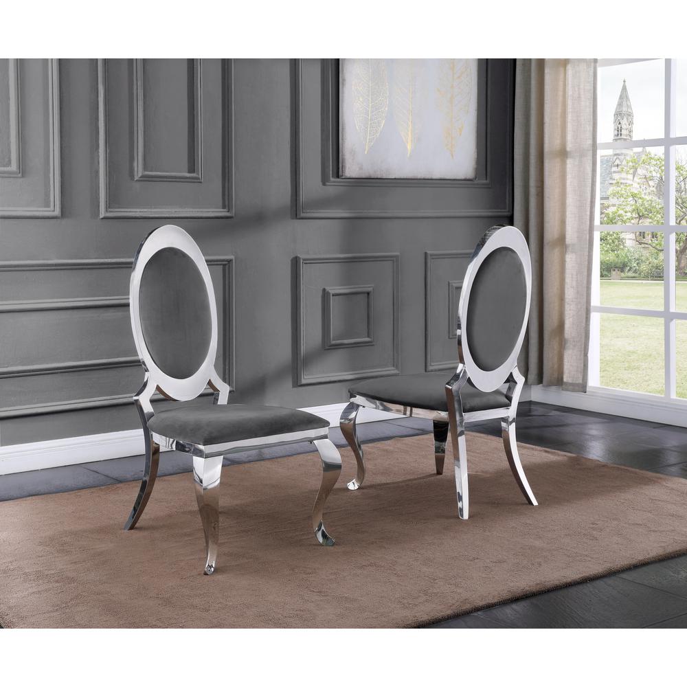 White Marble 7pc Set Stainless Steel Chairs in Dark Grey Velvet