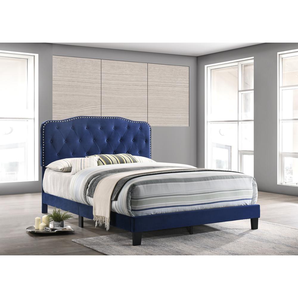 Navy Blue Velvet Uph. Panel Bed with Silver Nailhead – Queen