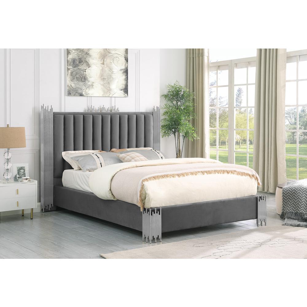 Eastern King size Dark grey velvet bed with silver corners (Platform)