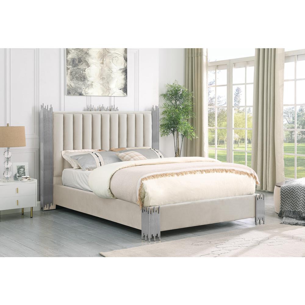 Eastern King size Cream velvet bed with silver corners (Platform)