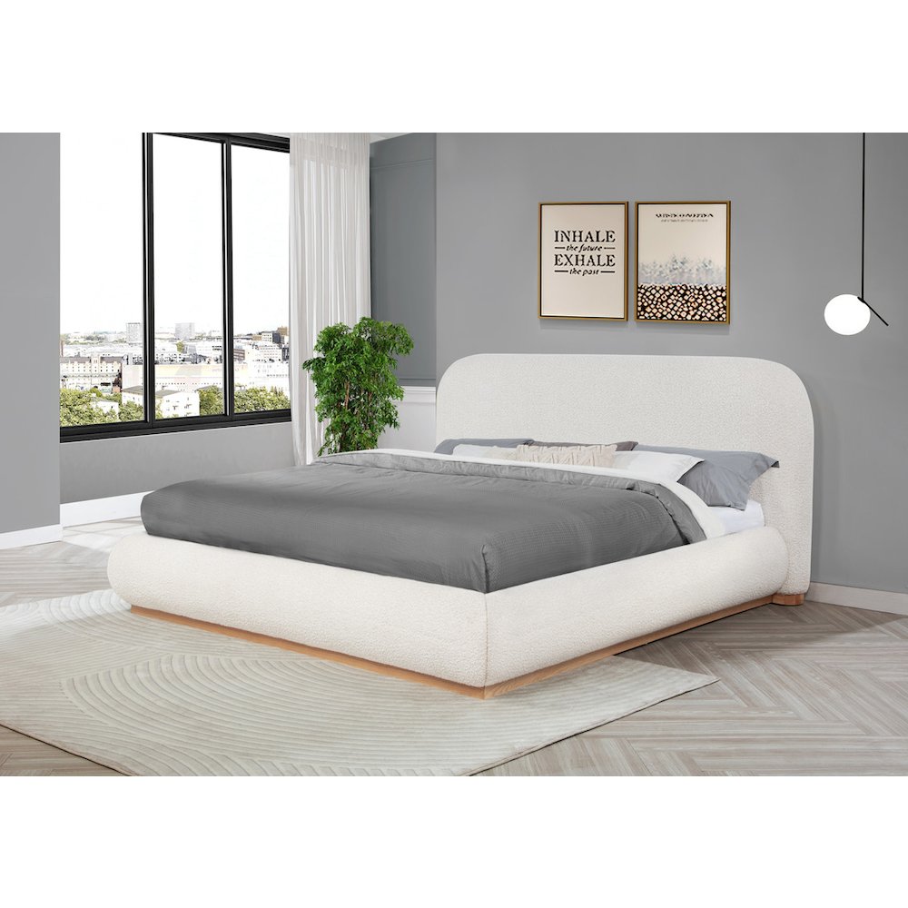 Cream Boucle Eastern King Platform Bed With Wood Base