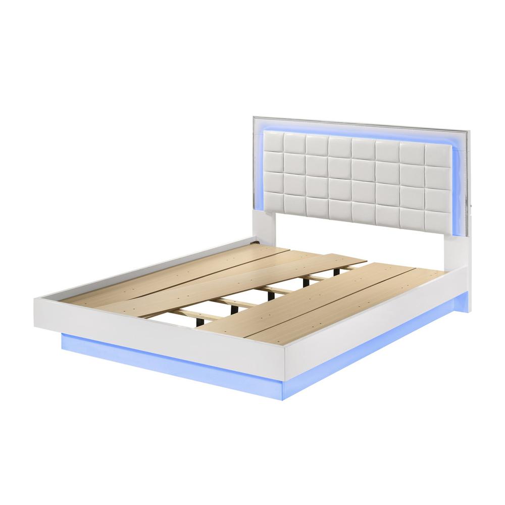 White Eastern king size bed with a plateform frame and adjustable LED lighting