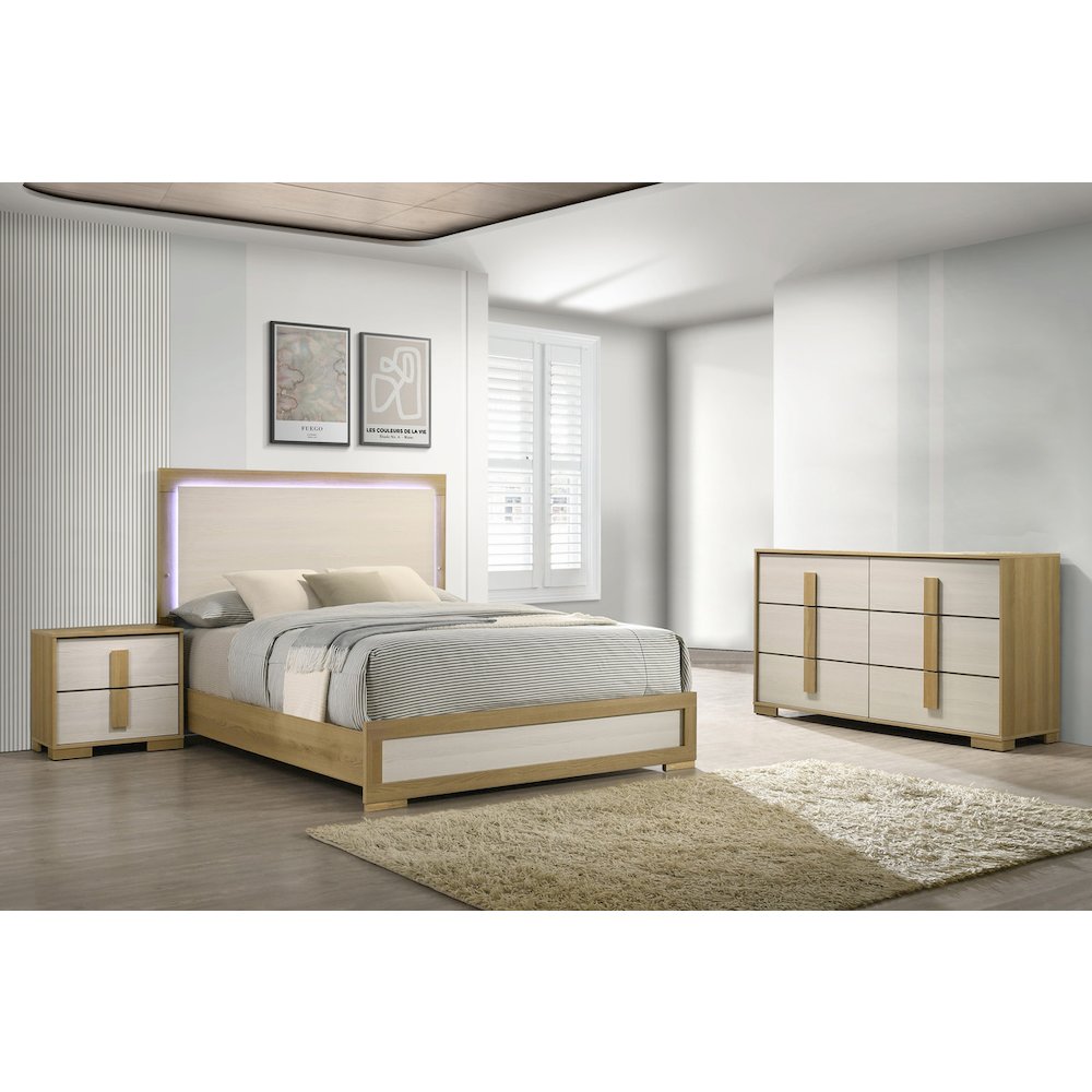 3 piece – Beige wood bedroom set (Bed+NS+Dresser)