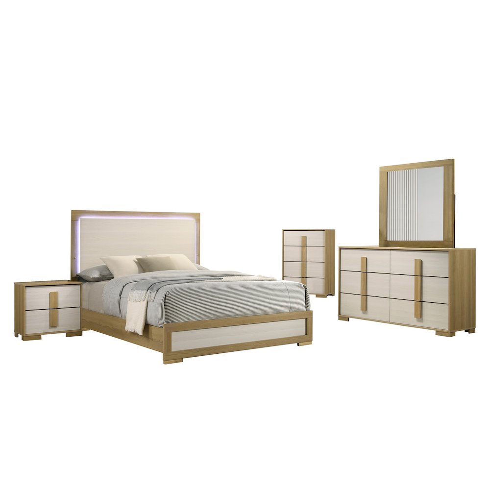 5 piece – Beige wood bedroom set (Bed+NS+Dresser+Mirror+Chest)