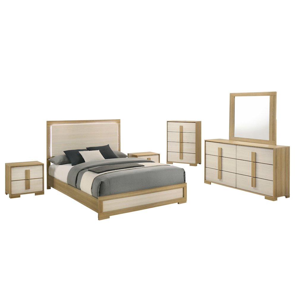 6 piece – Beige wood bedroom set (Bed+2NS+Dresser+Mirror+Chest)