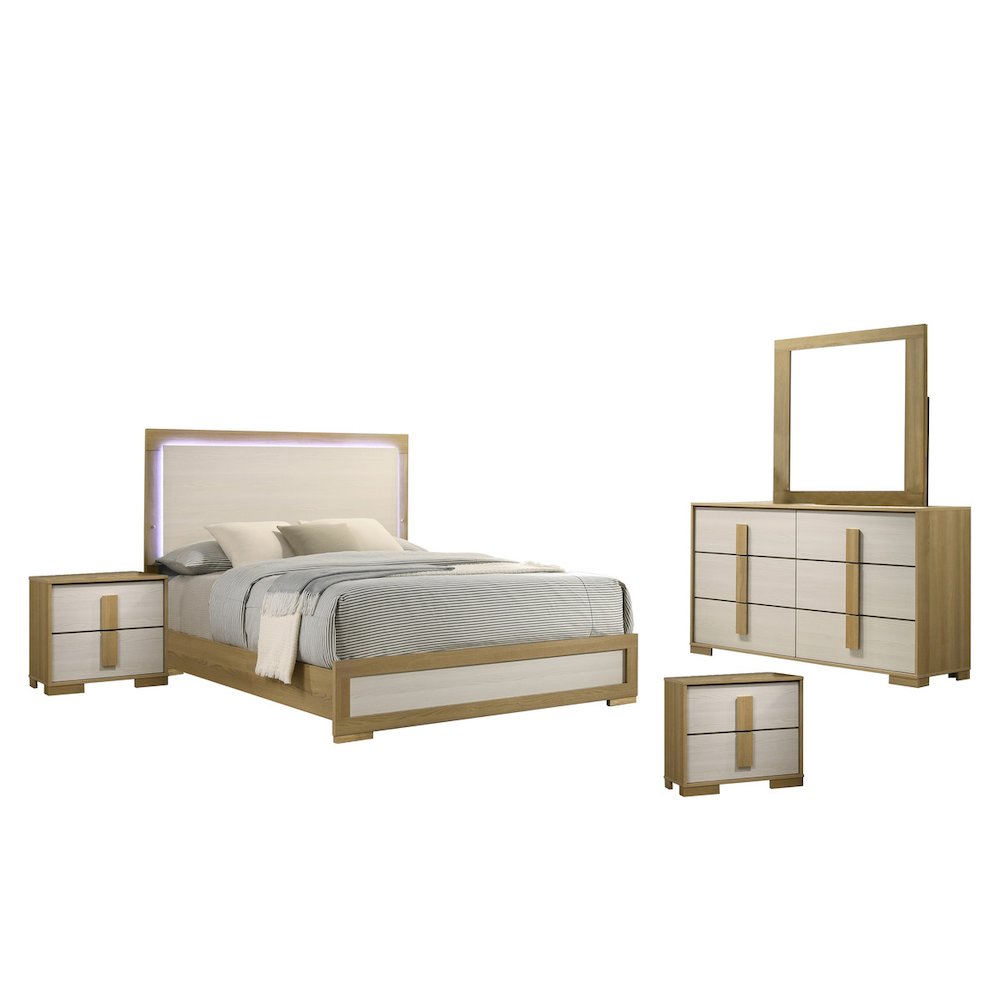 5 piece – Beige wood bedroom set (Bed+2NS+Dresser+Mirror)