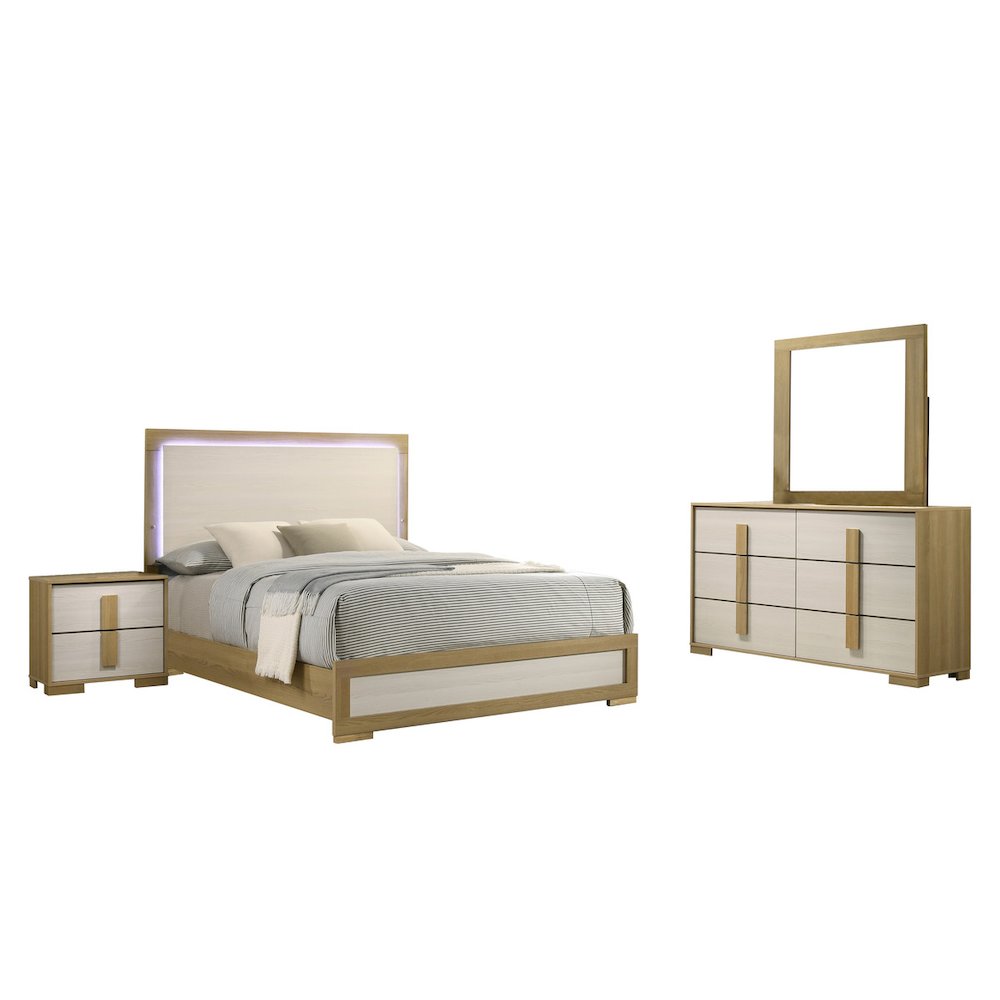 4 piece – Beige wood bedroom set (Bed+NS+Dresser+Mirror)