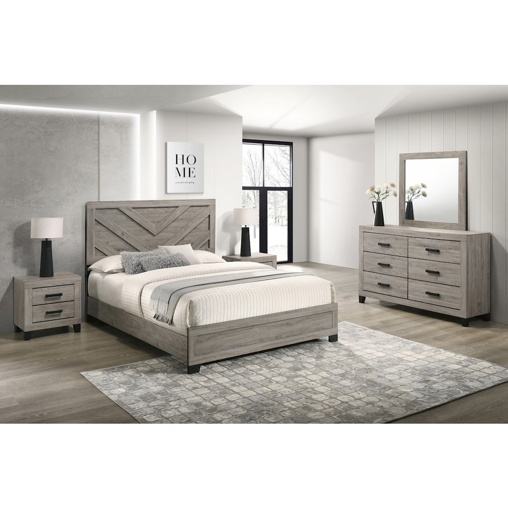 5 piece light grey pannel bedroom set (Bed+2NS+Dresser+Mirror)