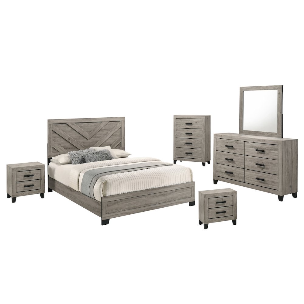 6 piece light gray pannel bedroom set (Bed+2NS+Dresser+Mirror+Chest)