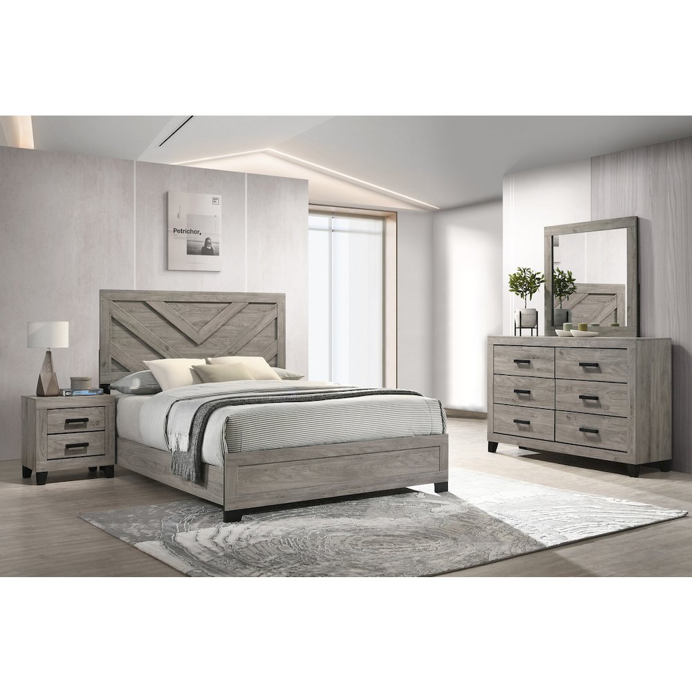 4 piece light grey pannel bedroom set (Bed+NS+Dresser+Mirror)
