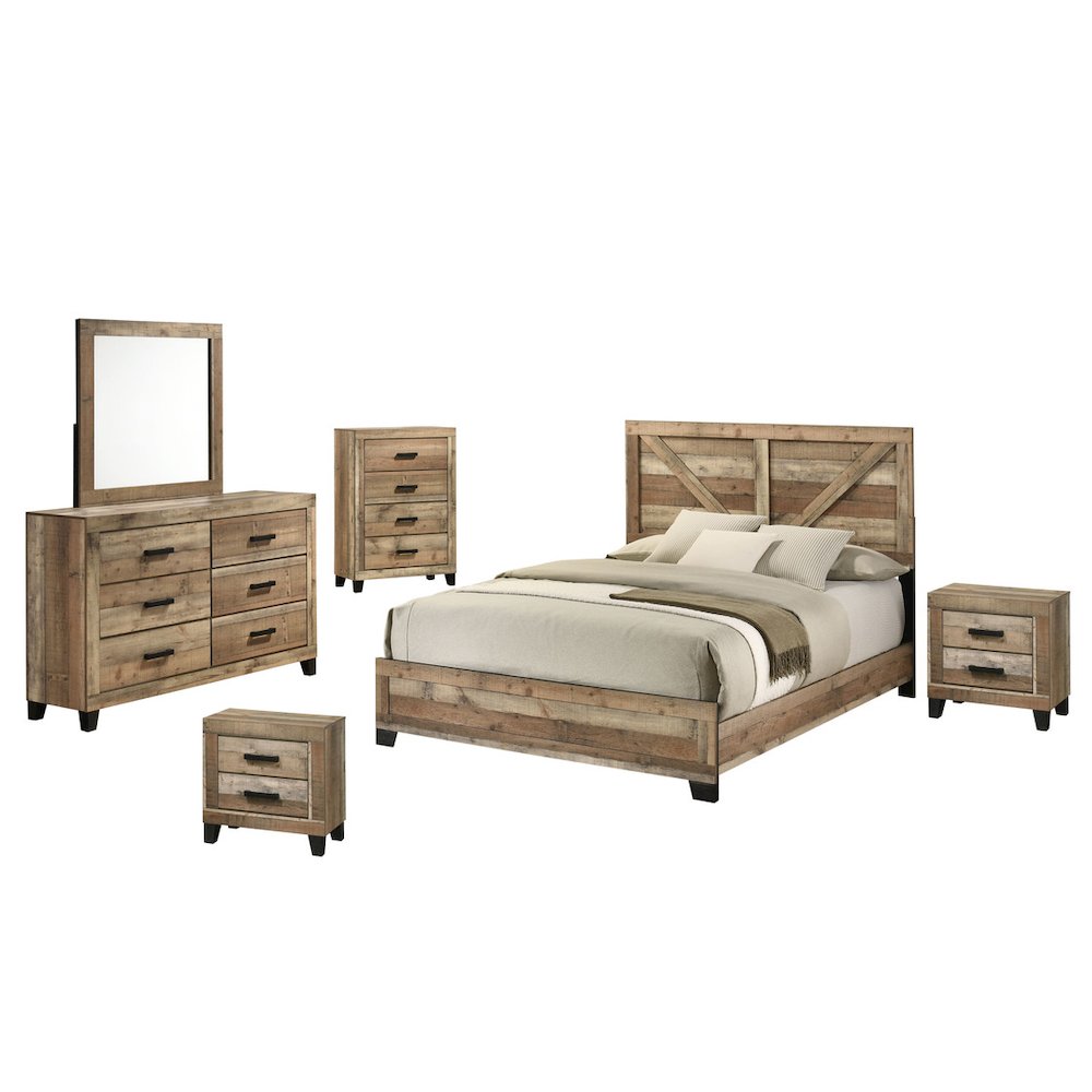 6pc Queen Panel Bedroom Set Weathered Brown Pine color