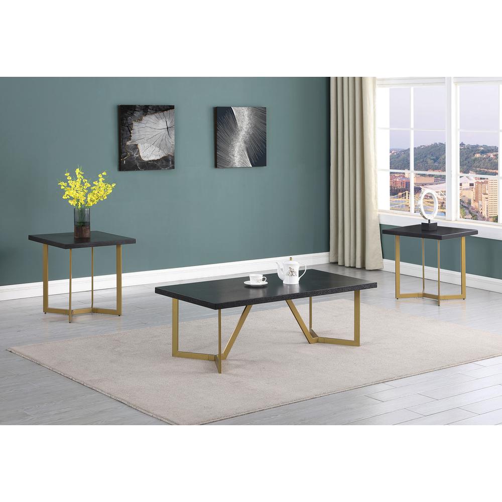 3pc Black wood top coffee table set w/gold color iron base (1Coffee+2end table)