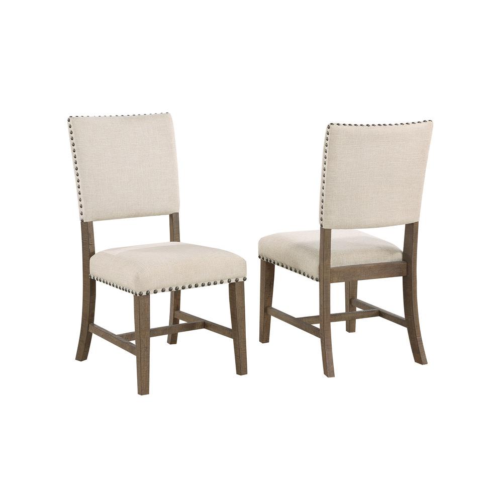 7 piece modern farmhouse dining set in brown oak and beige linen side chairs
