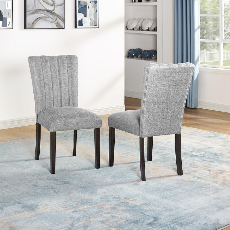 5-piece dining set with one white faux marble table and 4 dark grey side chairs