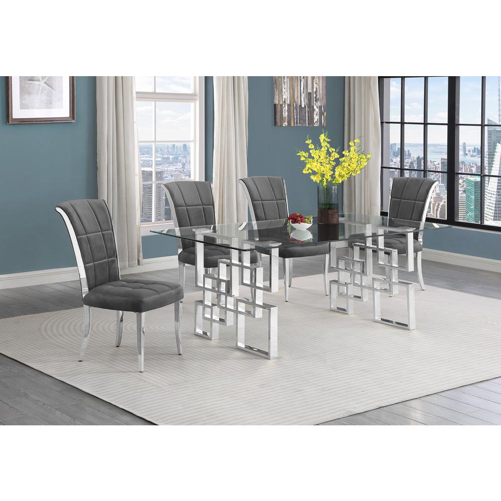 5-piece glam dining set with 4 dark grey chairs and a 79″ long glass  table