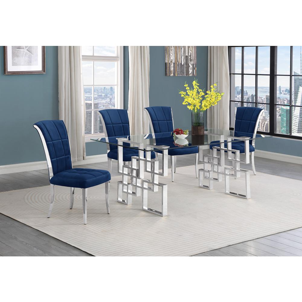 5-piece glam dining set with 4 navy blue chairs and a 79″ long glass  table
