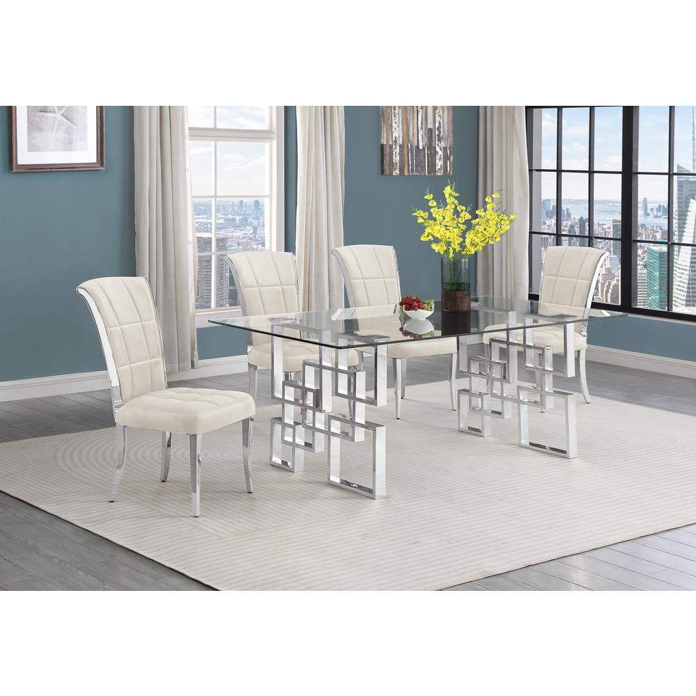 5-piece glam dining set with 4 cream chairs and a 79″ long glass  table