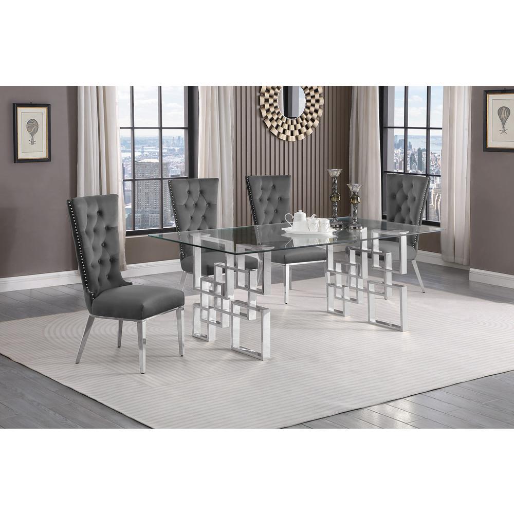 5-piece glam dining set with 4 dark grey chairs and a 79″ long glass  table