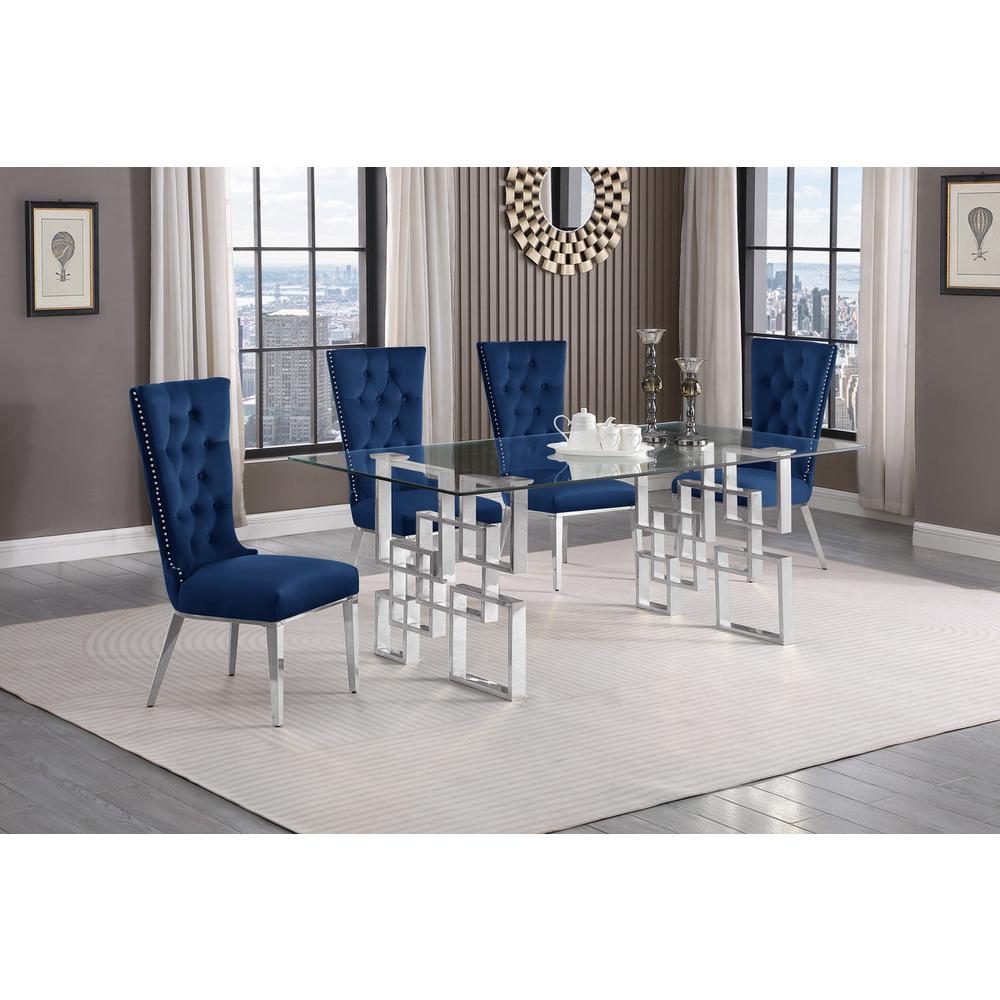5-piece glam dining set with 4 navy blue chairs and a 79″ long glass  table