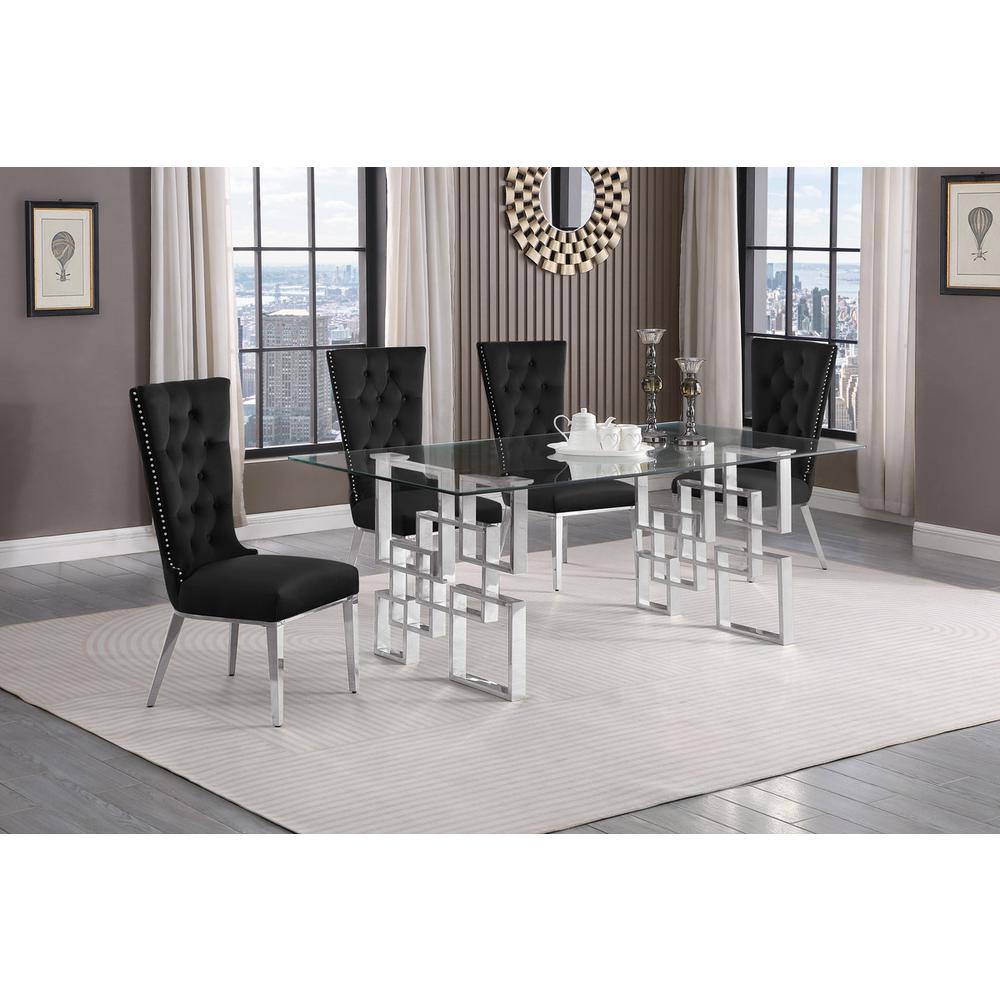 5-piece glam dining set with 4 black chairs and a 79″ long glass  table