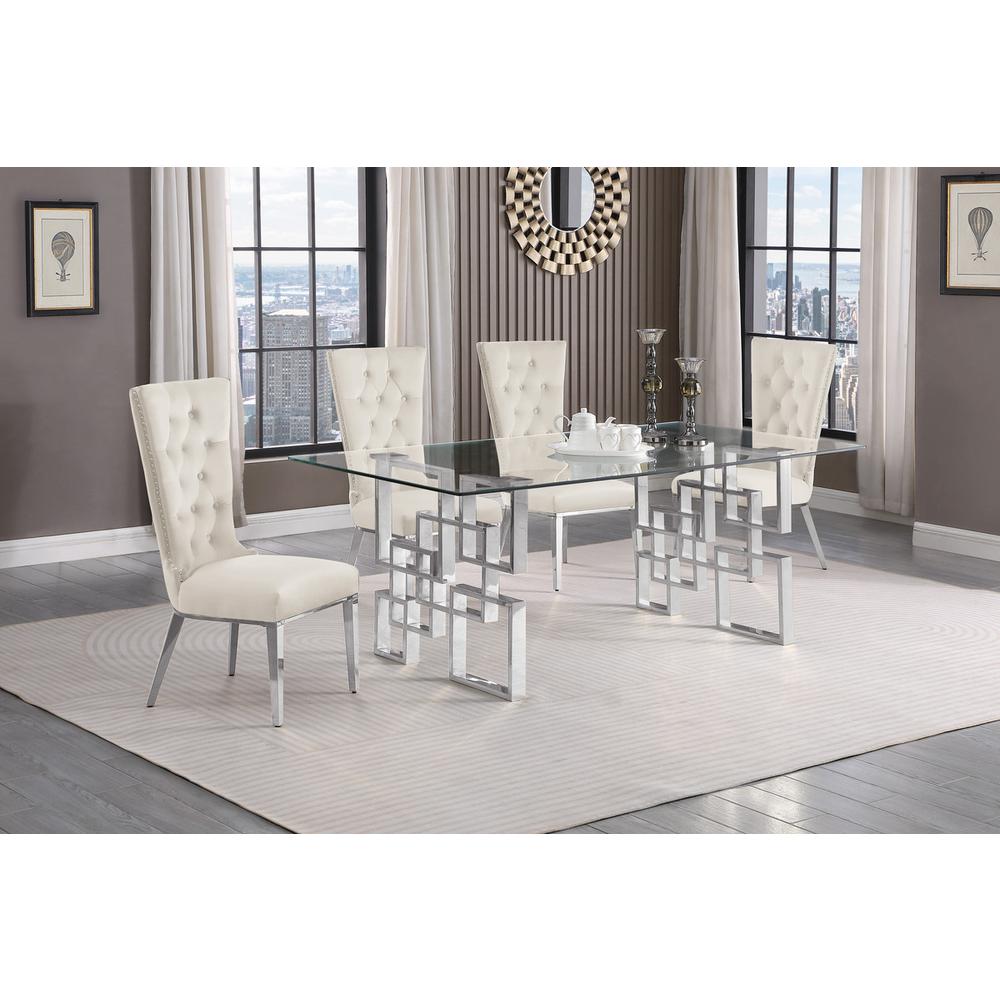 5-piece glam dining set with 4 cream chairs and a 79″ long glass  table