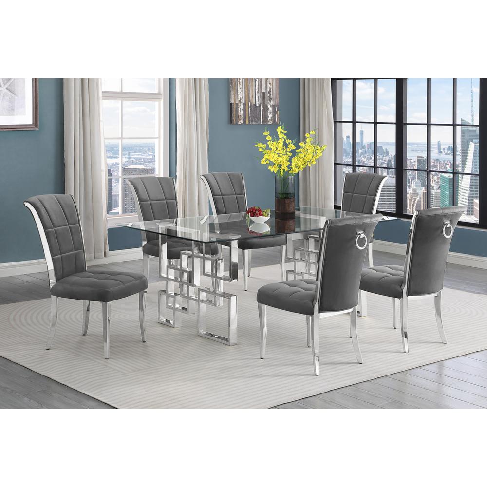 7-piece glam dining set with 6 dark grey chairs and a 79″ long glass  table