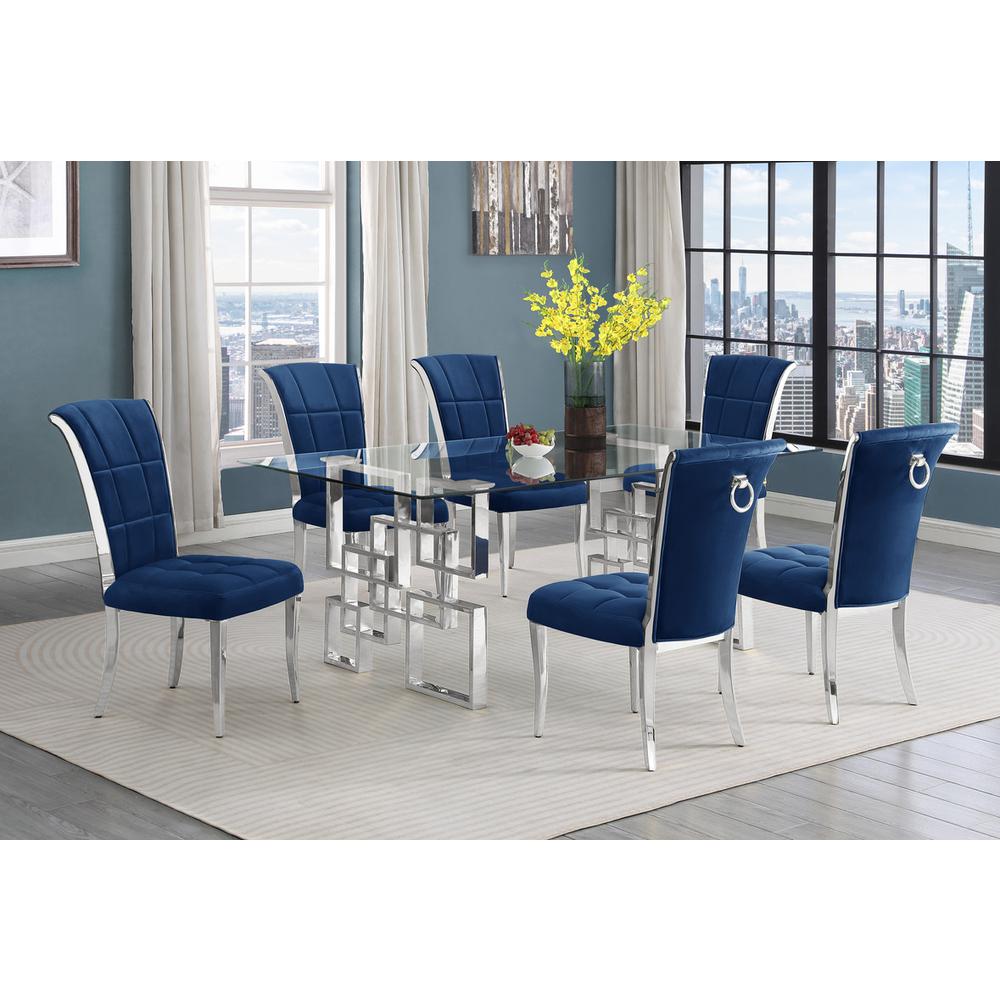 7-piece glam dining set with 6 navy blur chairs and a 79″ long glass  table