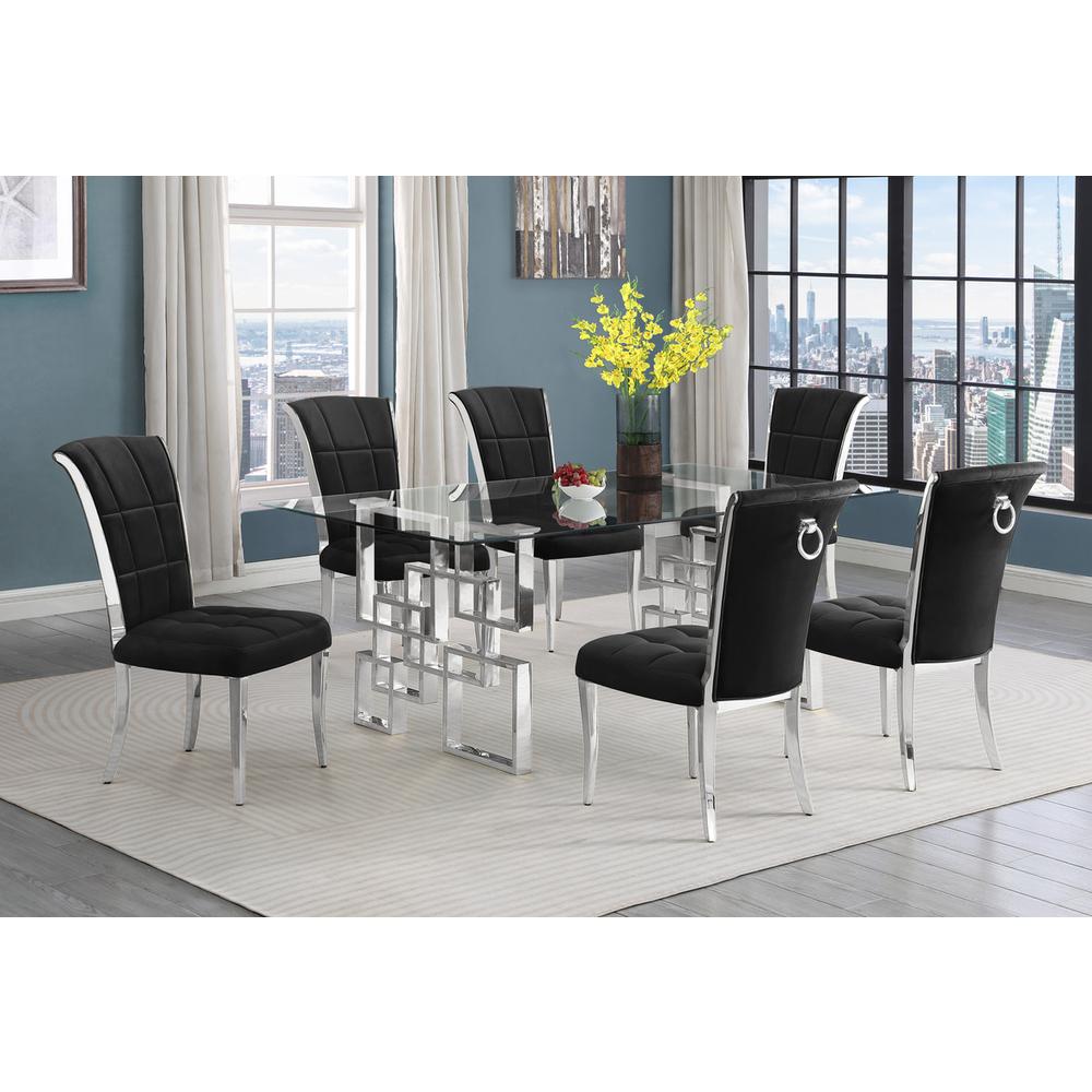 7-piece glam dining set with 6 black chairs and a 79″ long glass  table