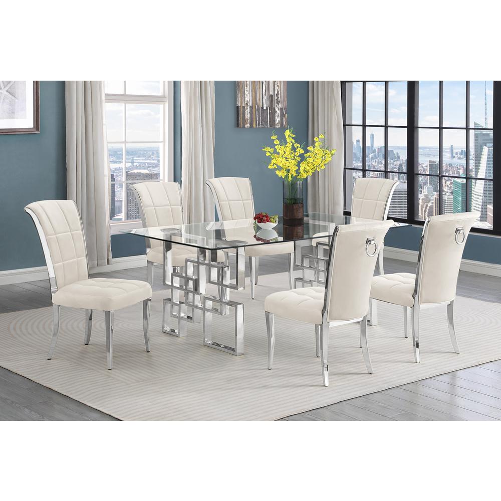 7-piece glam dining set with 6 cream chairs and a 79″ long glass dinng table