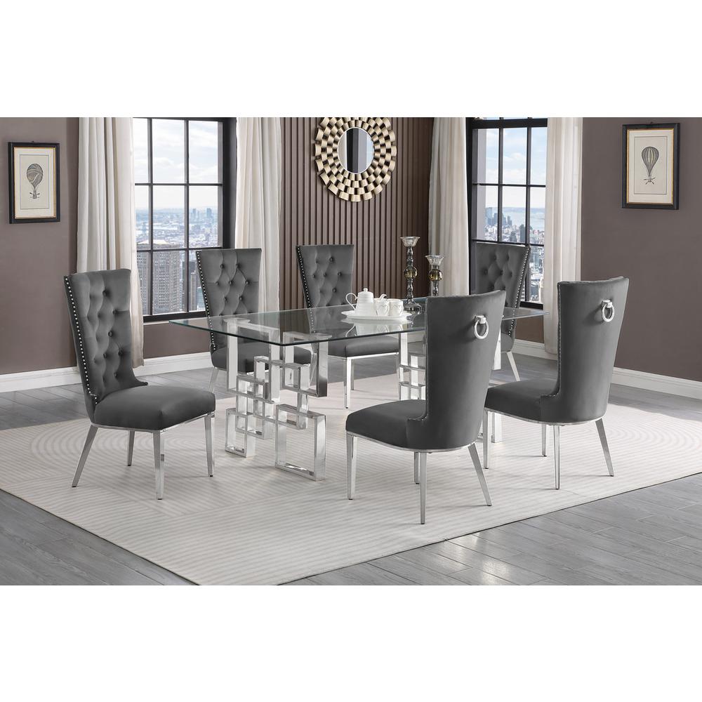 7-piece glam dining set with 6 dark grey chairs and a 79″ long glass  table